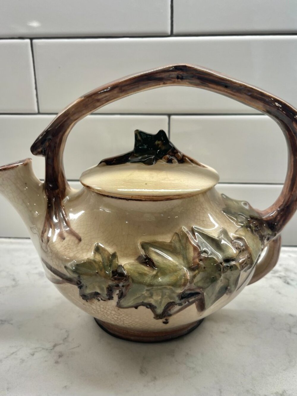Vtg Teapot w/Lid & Tree Branch Handle, Ivy Collection by Nelson McCoy Pottery